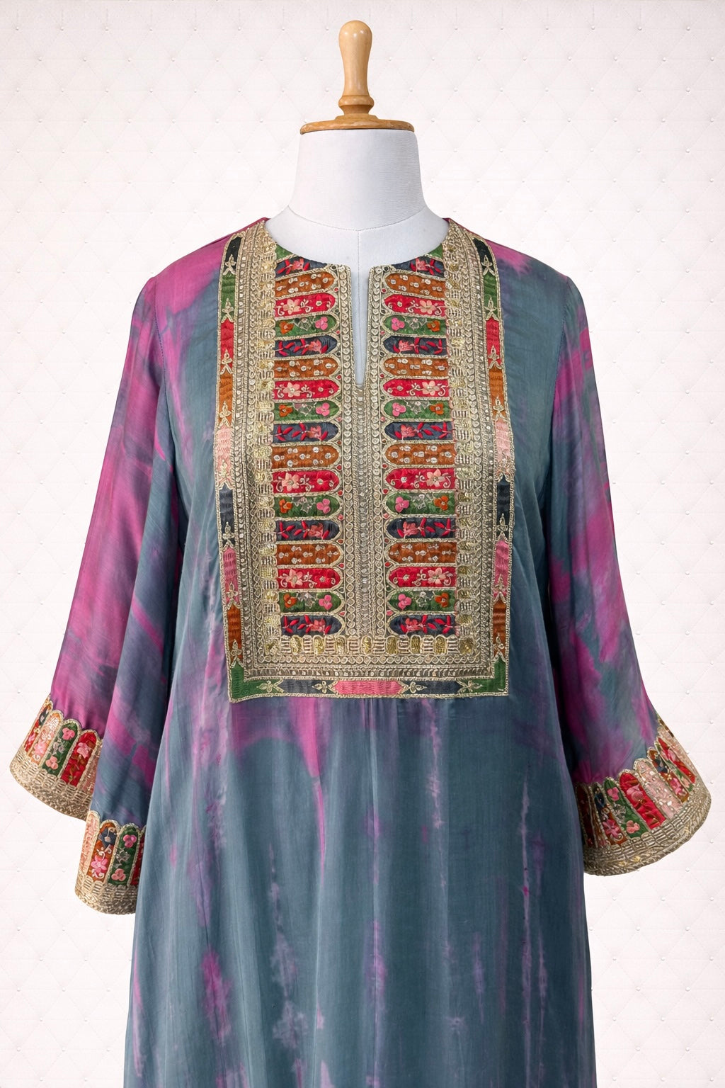 Cotton Silk Tie and Dye Shibori Kaftan Dress with Embroidered Patchwork