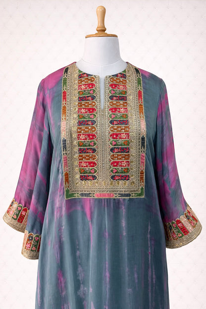 Cotton Silk Tie and Dye Shibori Kaftan Dress with Embroidered Patchwork