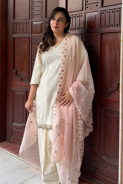 White Cotton Mirror Detail Kurta Set