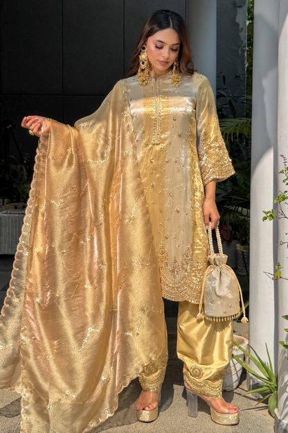 Silver-Gold Striped Embroidered Tissue Kurta Set
