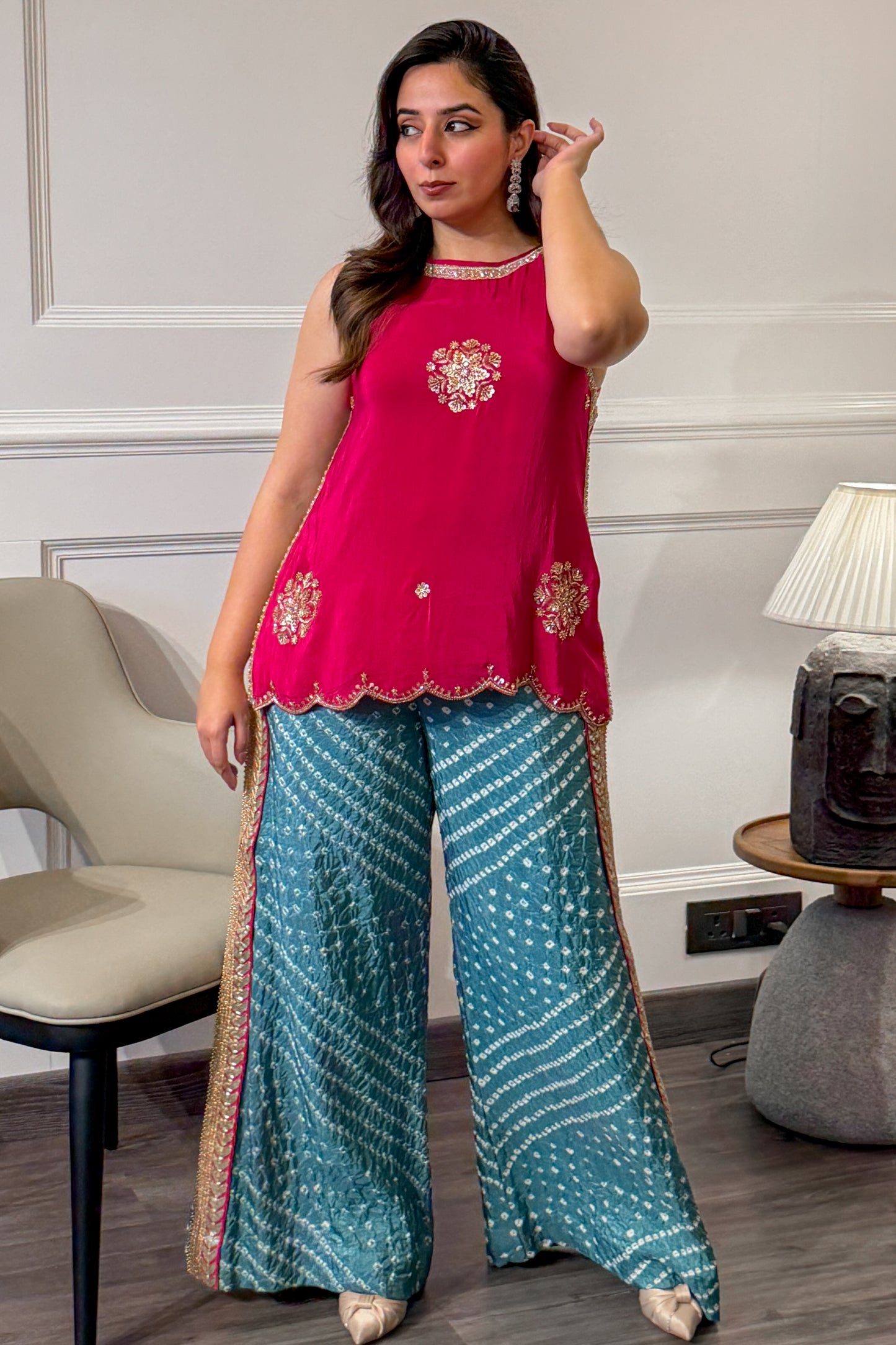Magenta Embroidered Top with Bandhini Pants Set