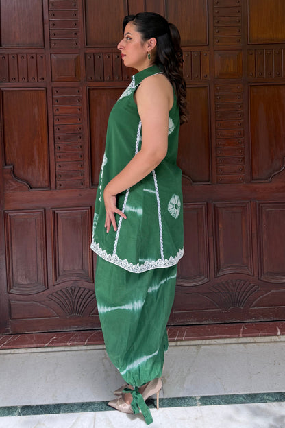 Green Bandhini-Leheriya Mul Chanderi Co-ord Set