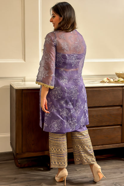 Lavender Self Organza Tunic and Pants Set