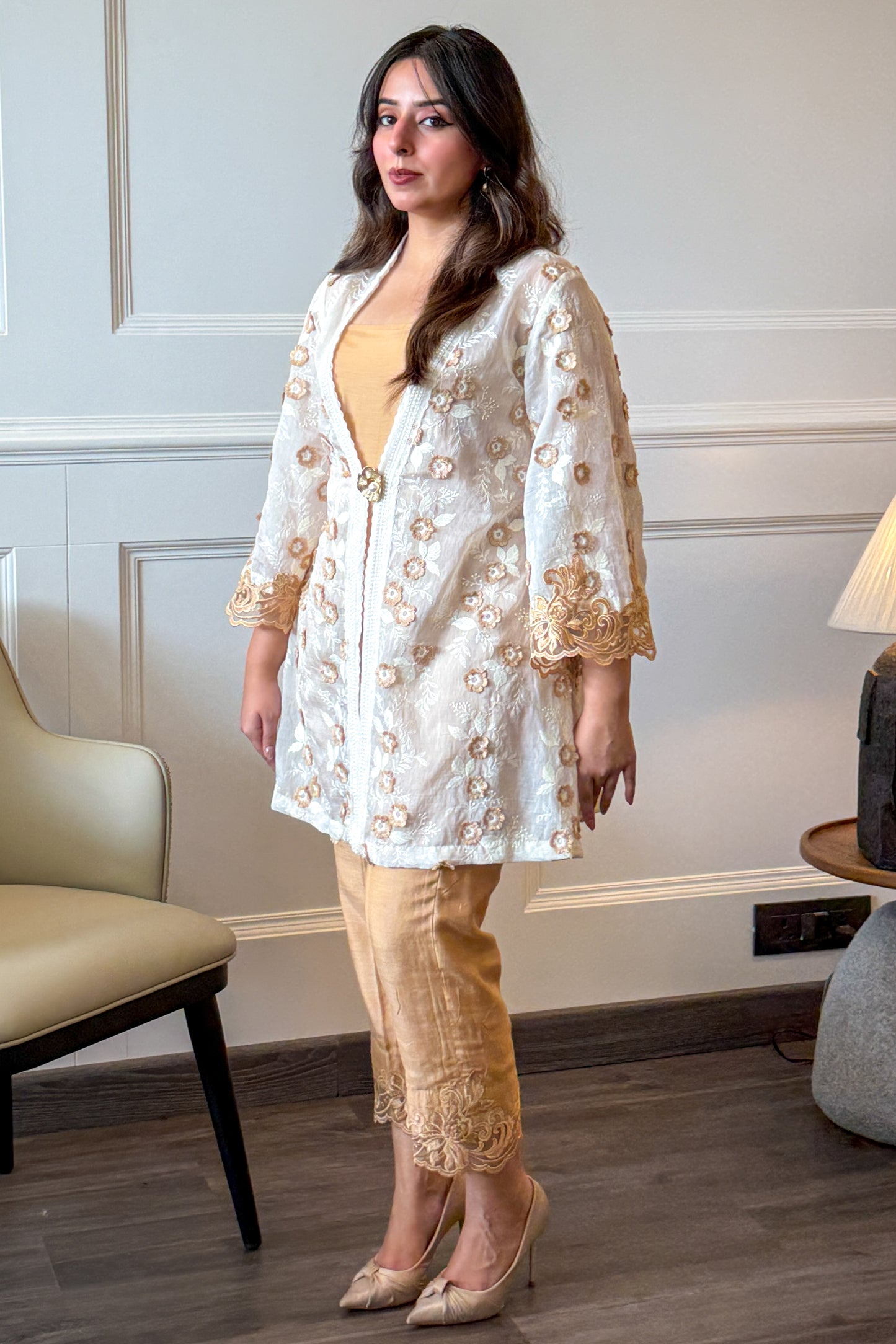 Beige Applique Floral Co-ord Set