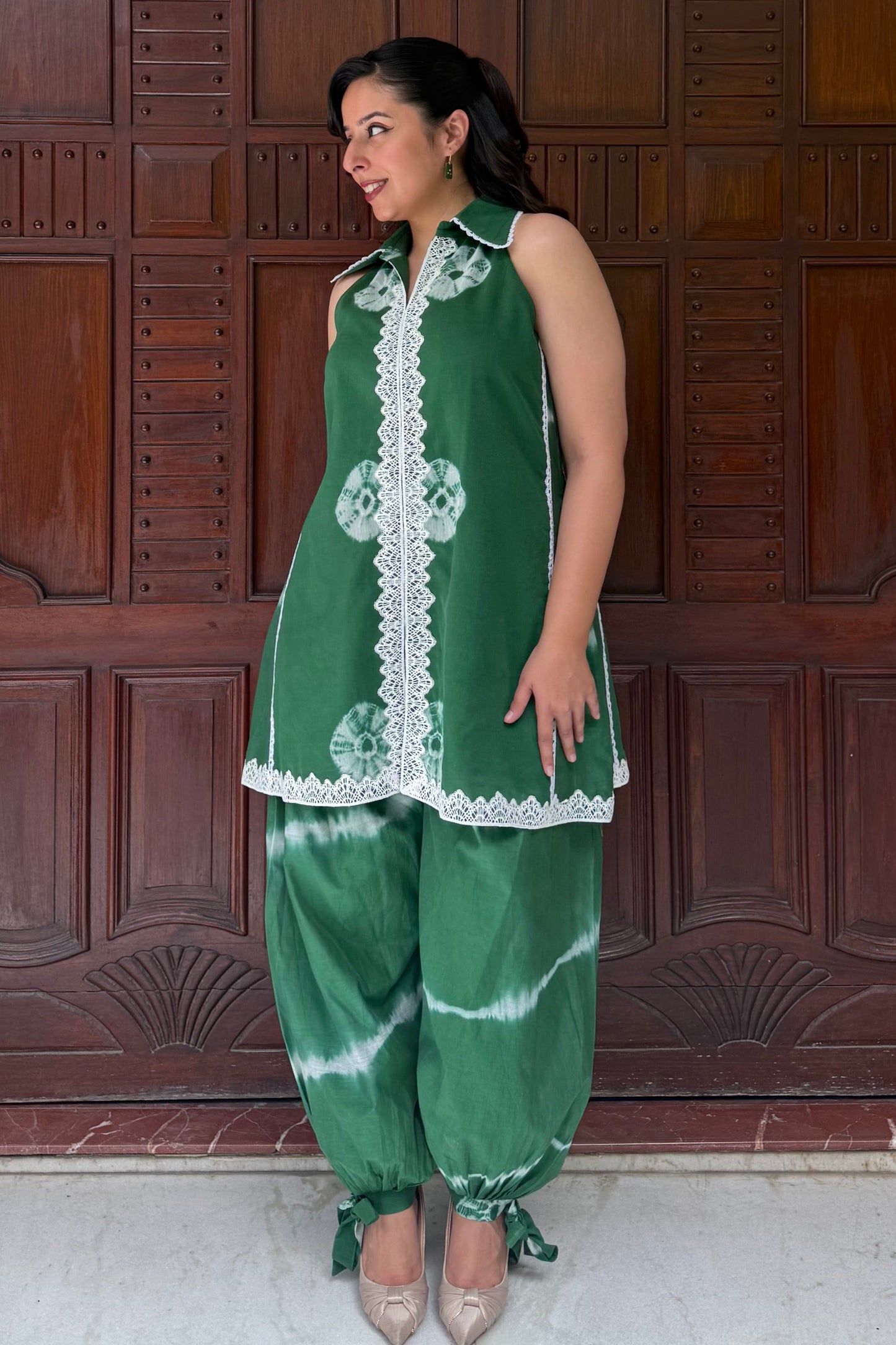 Green Bandhini-Leheriya Mul Chanderi Co-ord Set