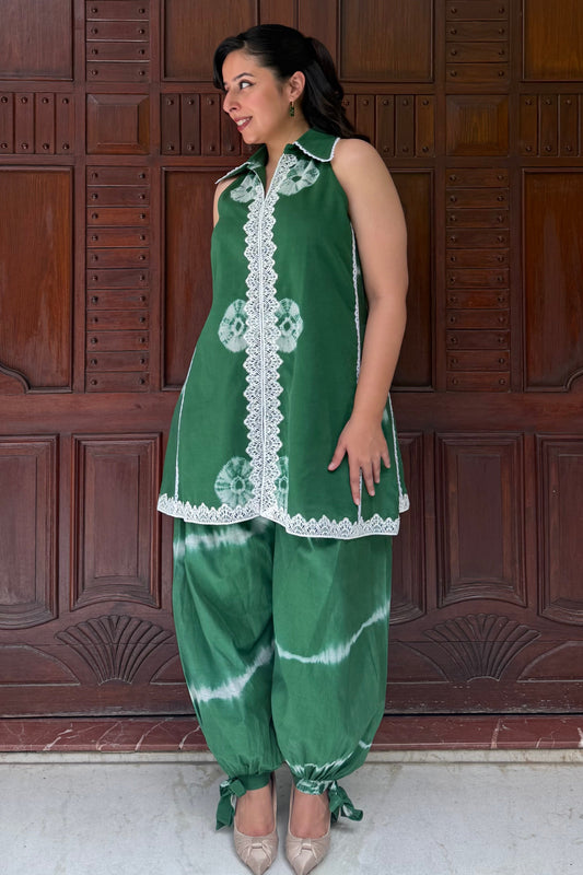 Green Bandhini-Leheriya Mul Chanderi Co-ord Set