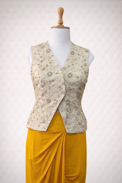 Off-White Tissue Georgette Waistcoat with Yellow Viscose Crepe Skirt