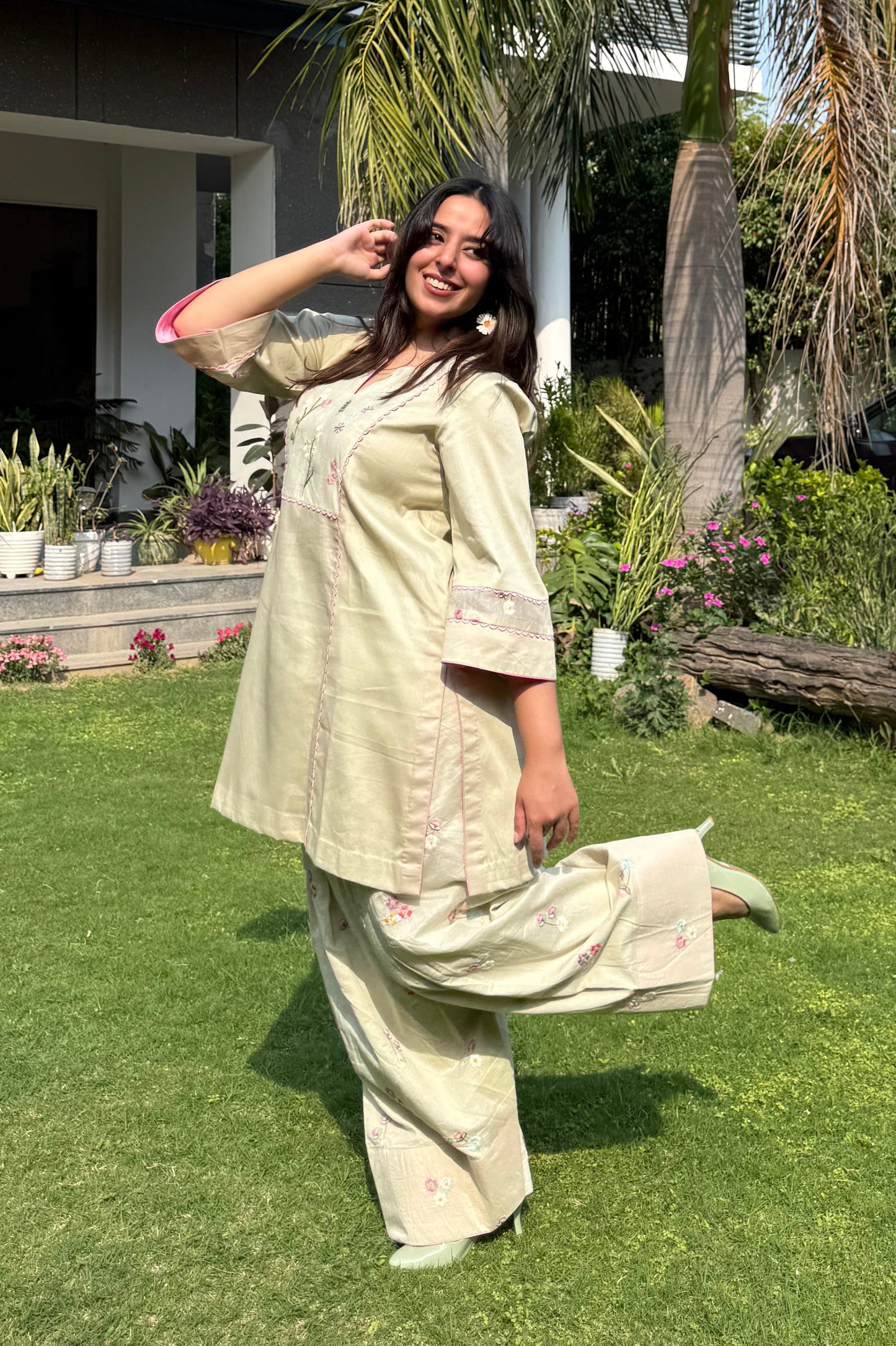 Pastel Green Floral Farshi Co-ord Set