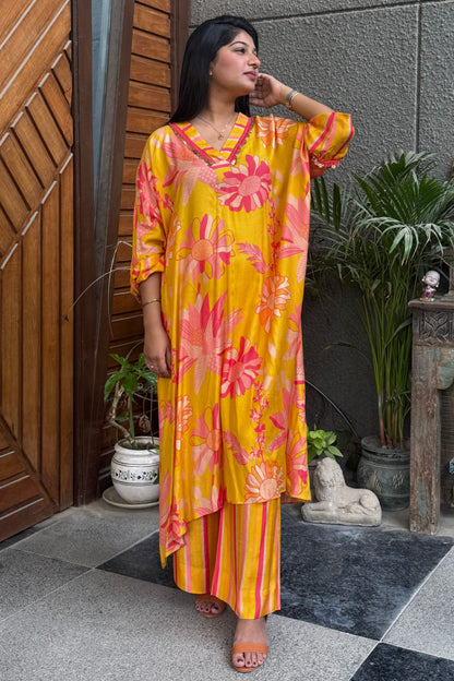 Yellow and Bright Pink Floral Kaftan Co-ord Set