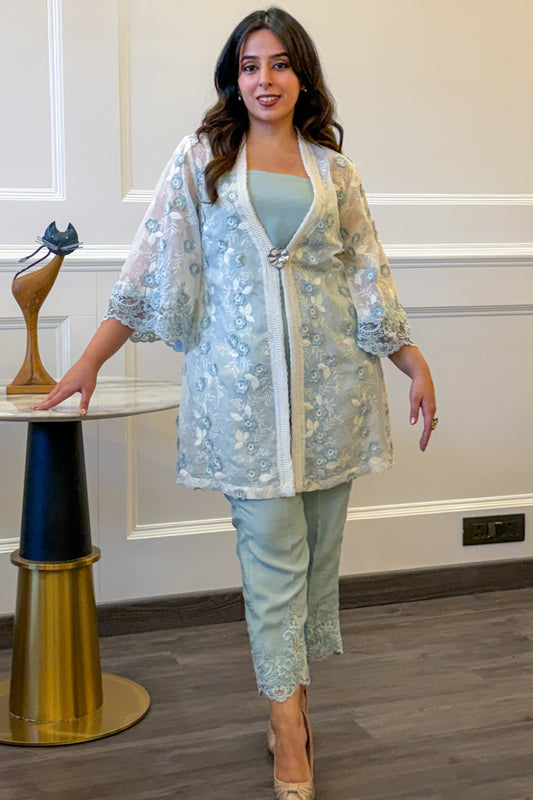 Blue-Grey Applique Floral Co-ord Set