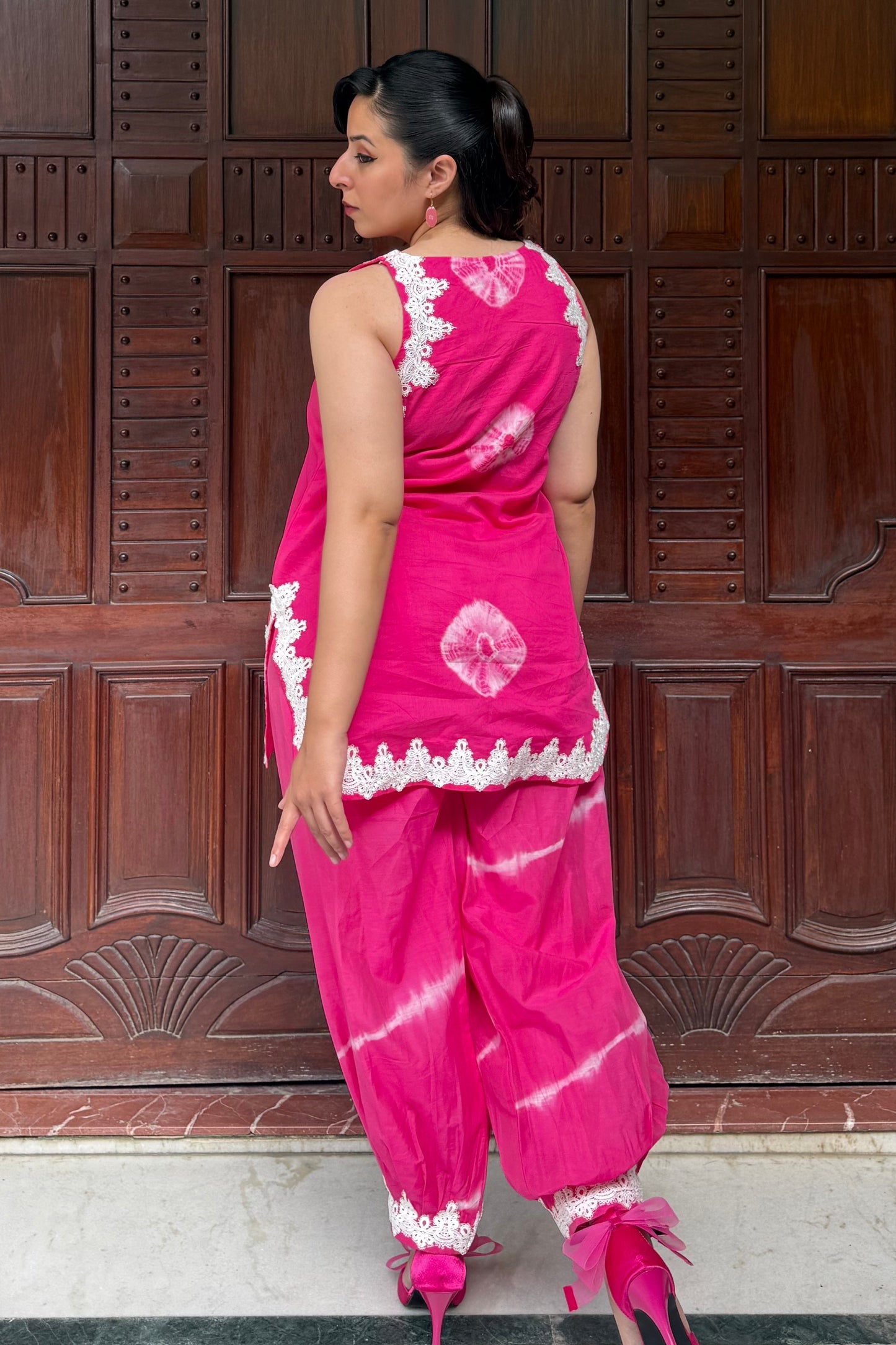 Pink Bandhini-Leheriya Mul Chanderi Co-ord Set