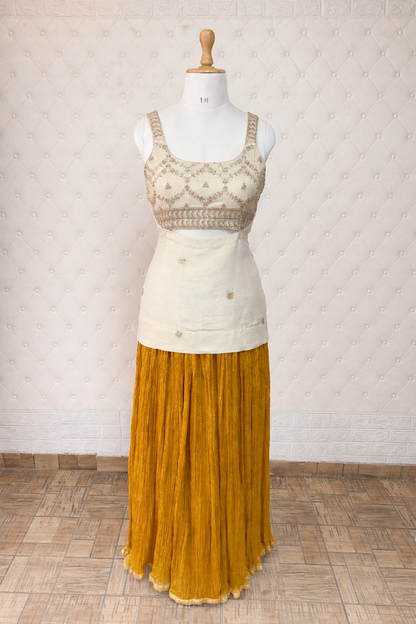 Off-White Tissue Georgette Tunic with Yellow Crushed Tissue Sharara