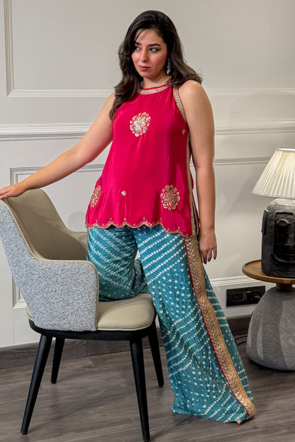 Magenta Embroidered Top with Bandhini Pants Set