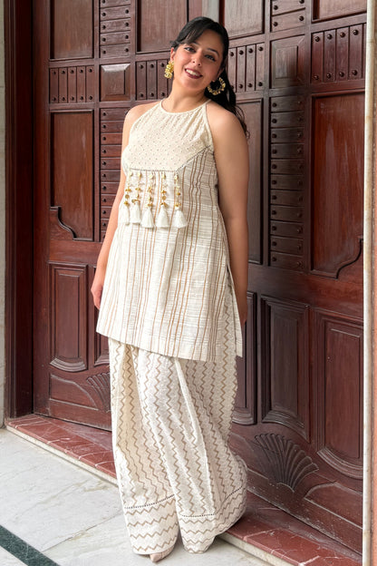 Offwhite Halter Chikankari Detail Co-ord Set