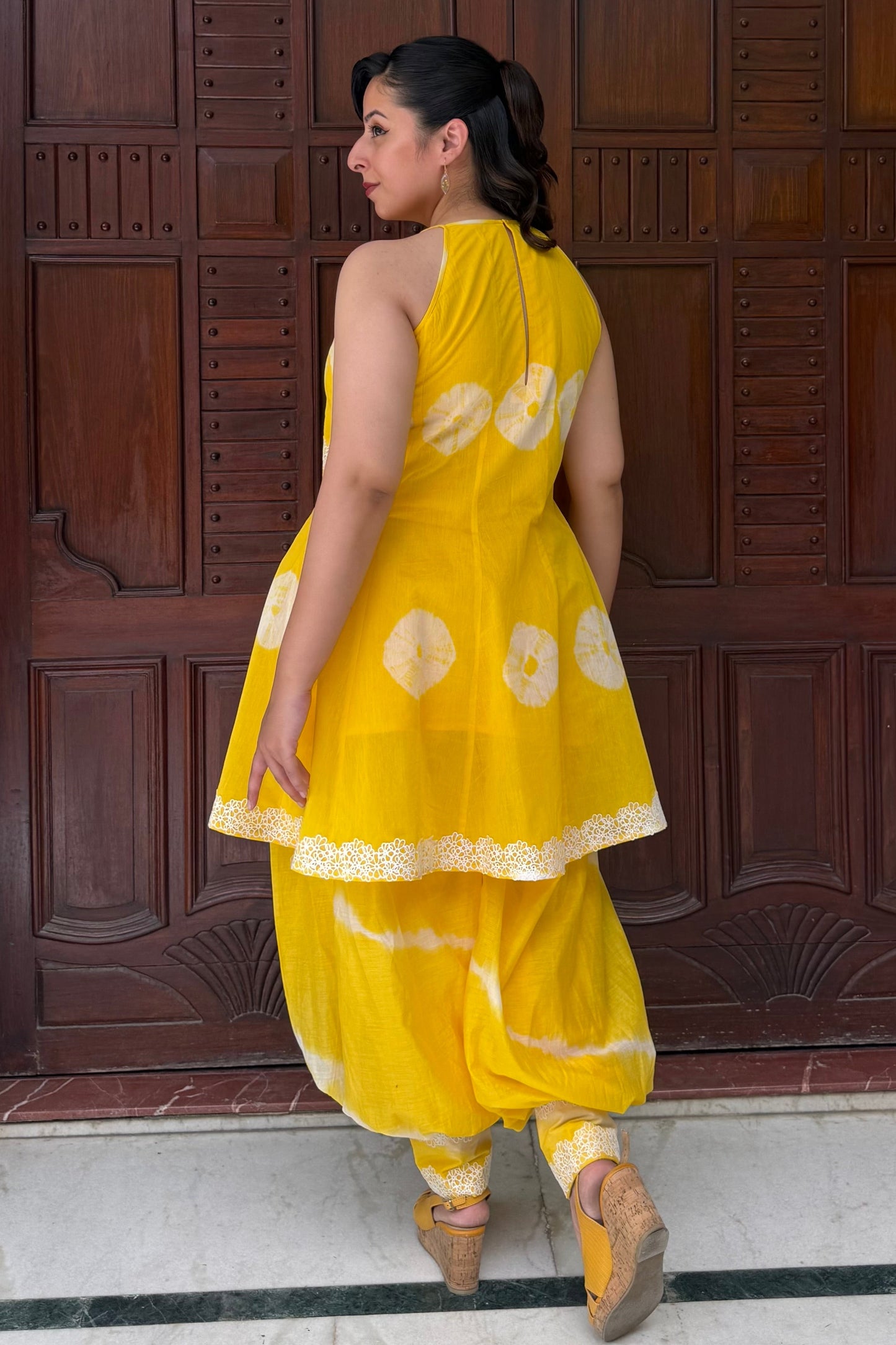 Yellow Bandhini-Leheriya Mul Chanderi Co-ord Set