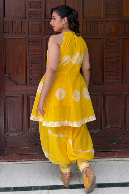 Yellow Bandhini-Leheriya Mul Chanderi Co-ord Set