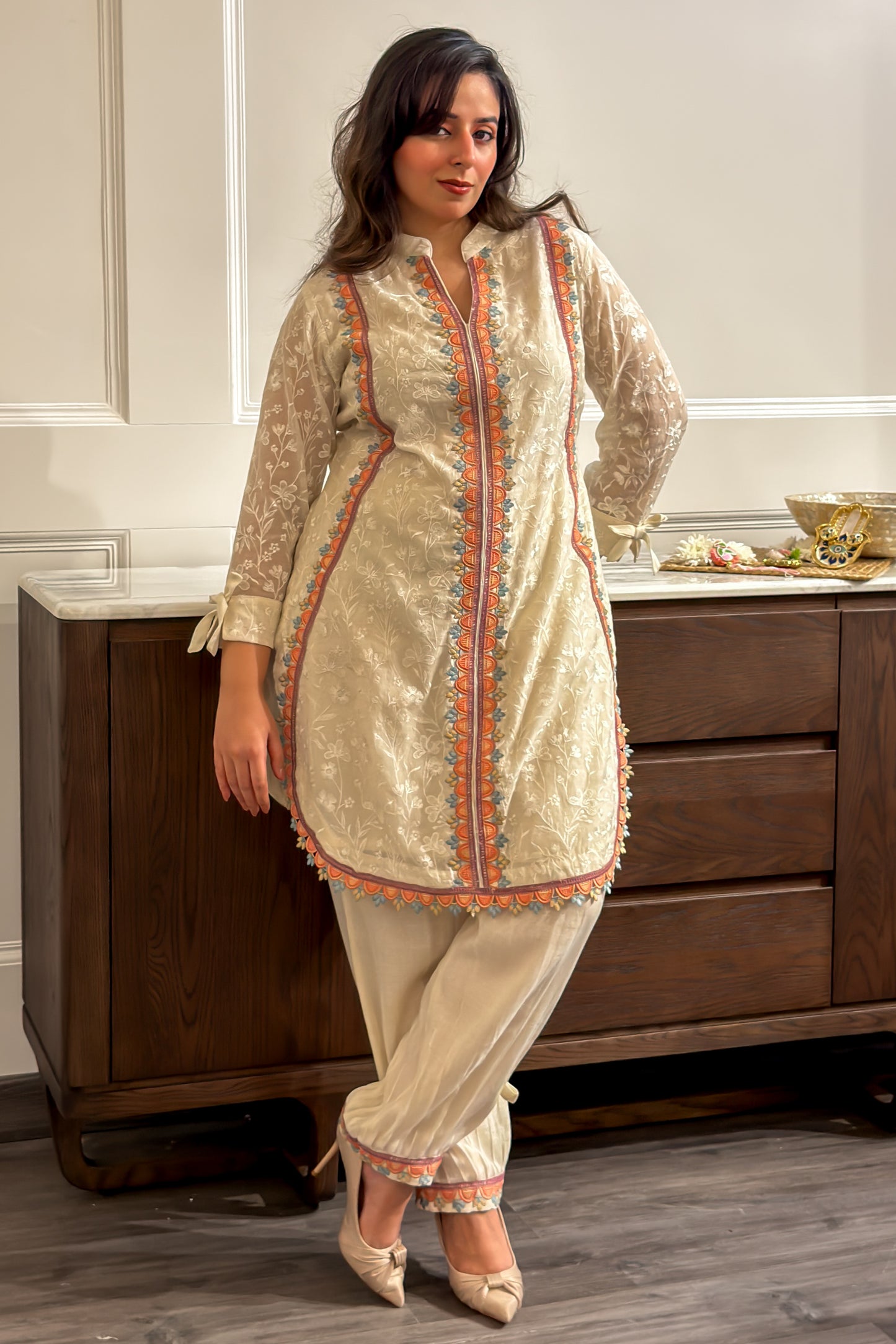 Off-white Embroidered Kurta Set