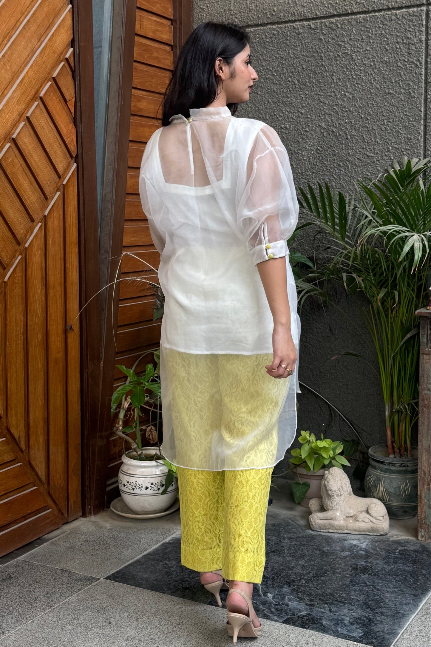 White and Yellow Co-ord Set with Sheer White Tunic