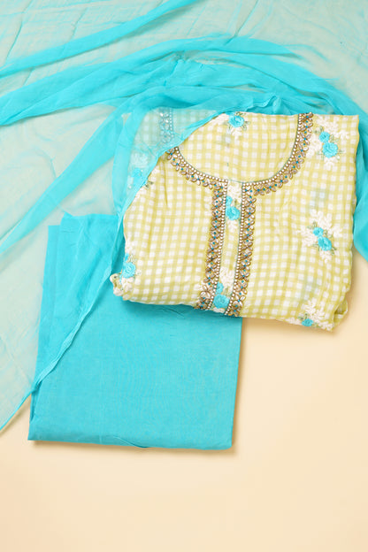 Yellow Checkered and Aqua Blue Unstitched Suit Piece