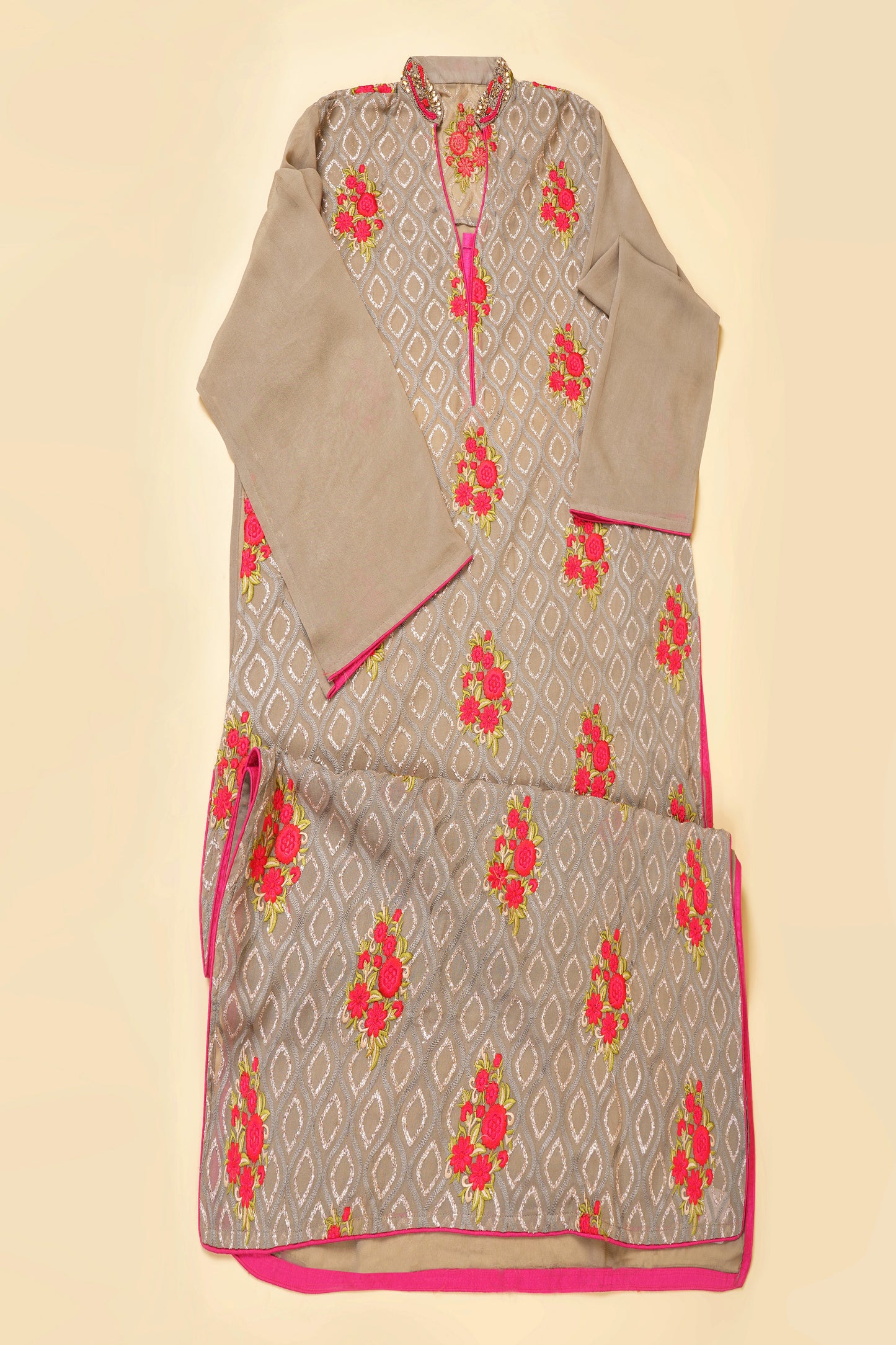 Grey and Pink Embroidered Unstitched Suit Piece