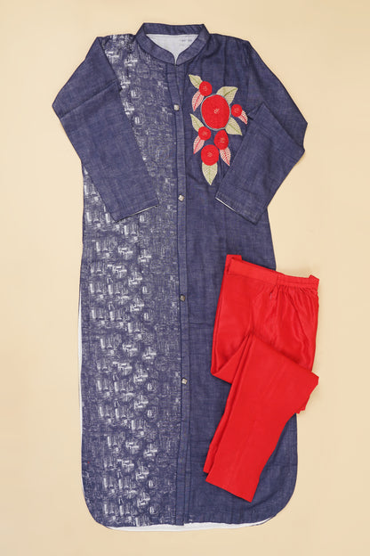 Blue and Red Floral Motif Unstitched Suit Piece