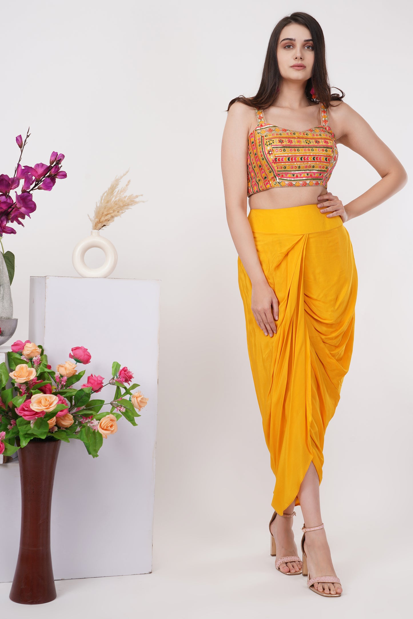 Yellow Floral Embroidered Shrug Set