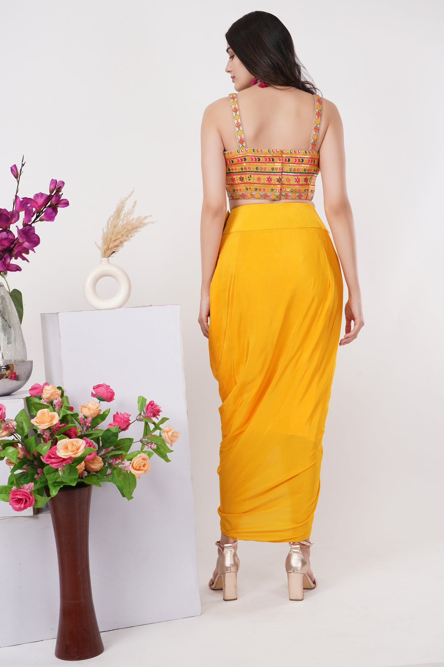 Yellow Floral Embroidered Shrug Set