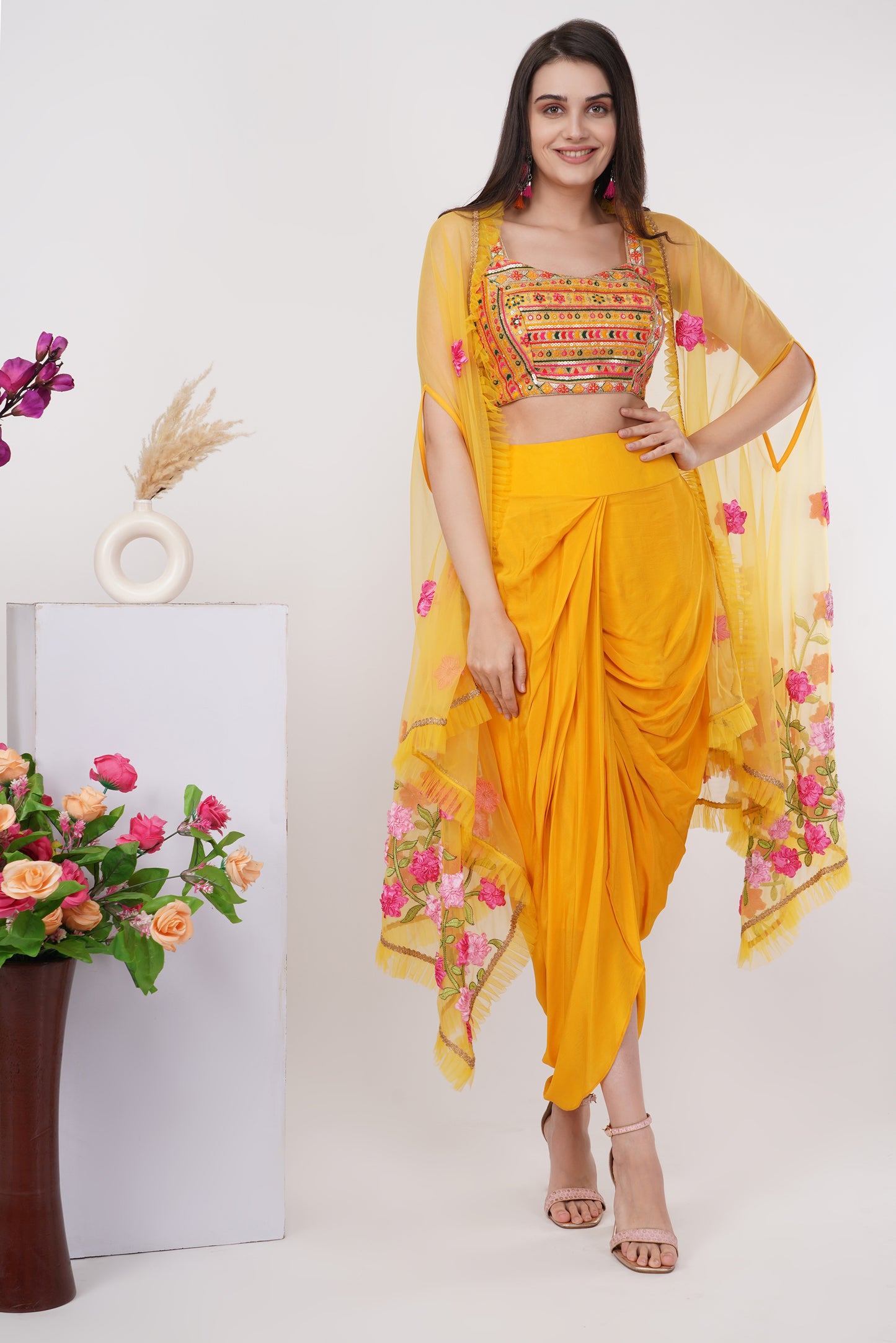 Yellow Floral Embroidered Shrug Set
