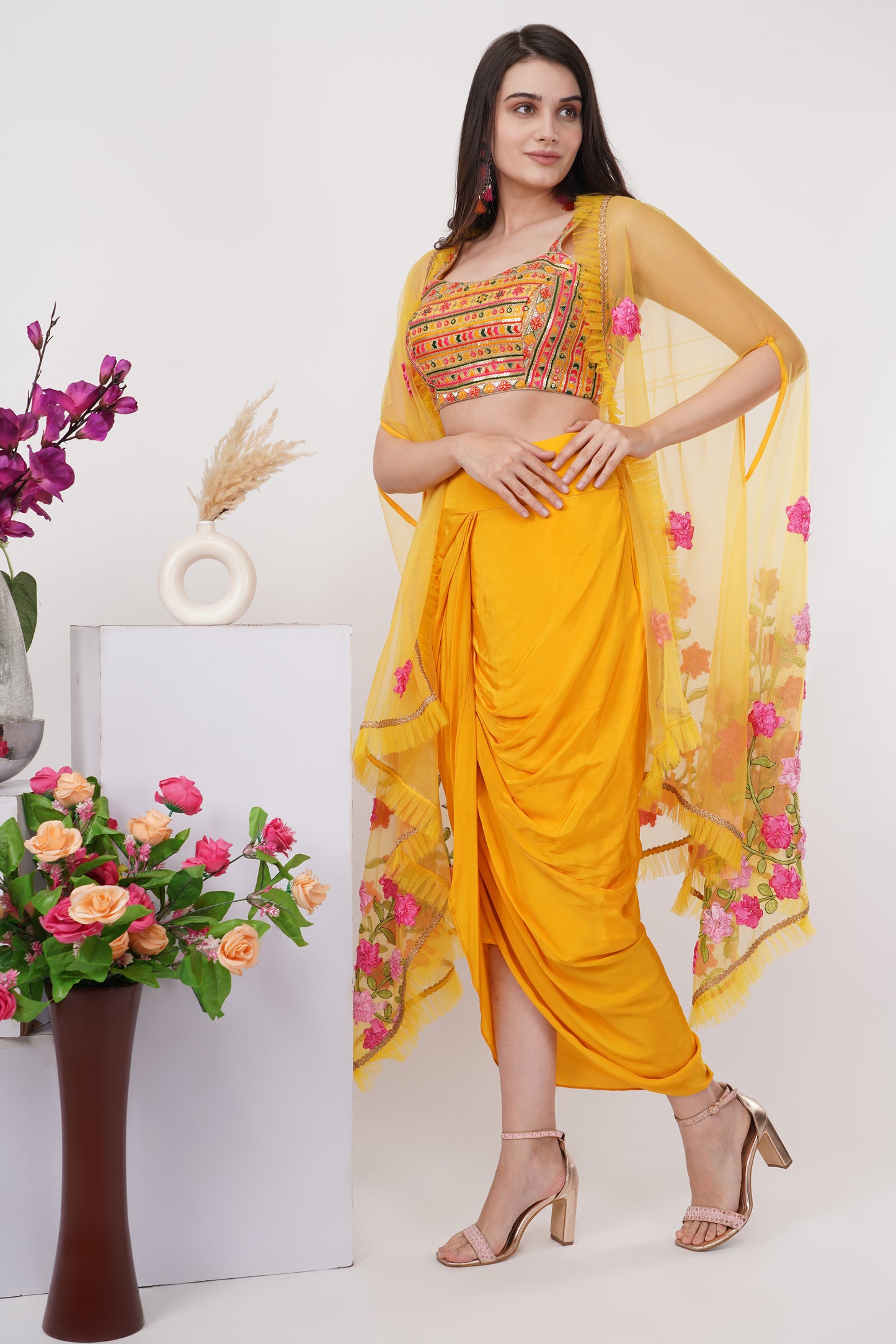 Yellow Floral Embroidered Shrug Set