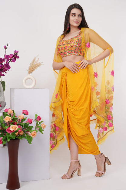 Yellow Floral Embroidered Shrug Set