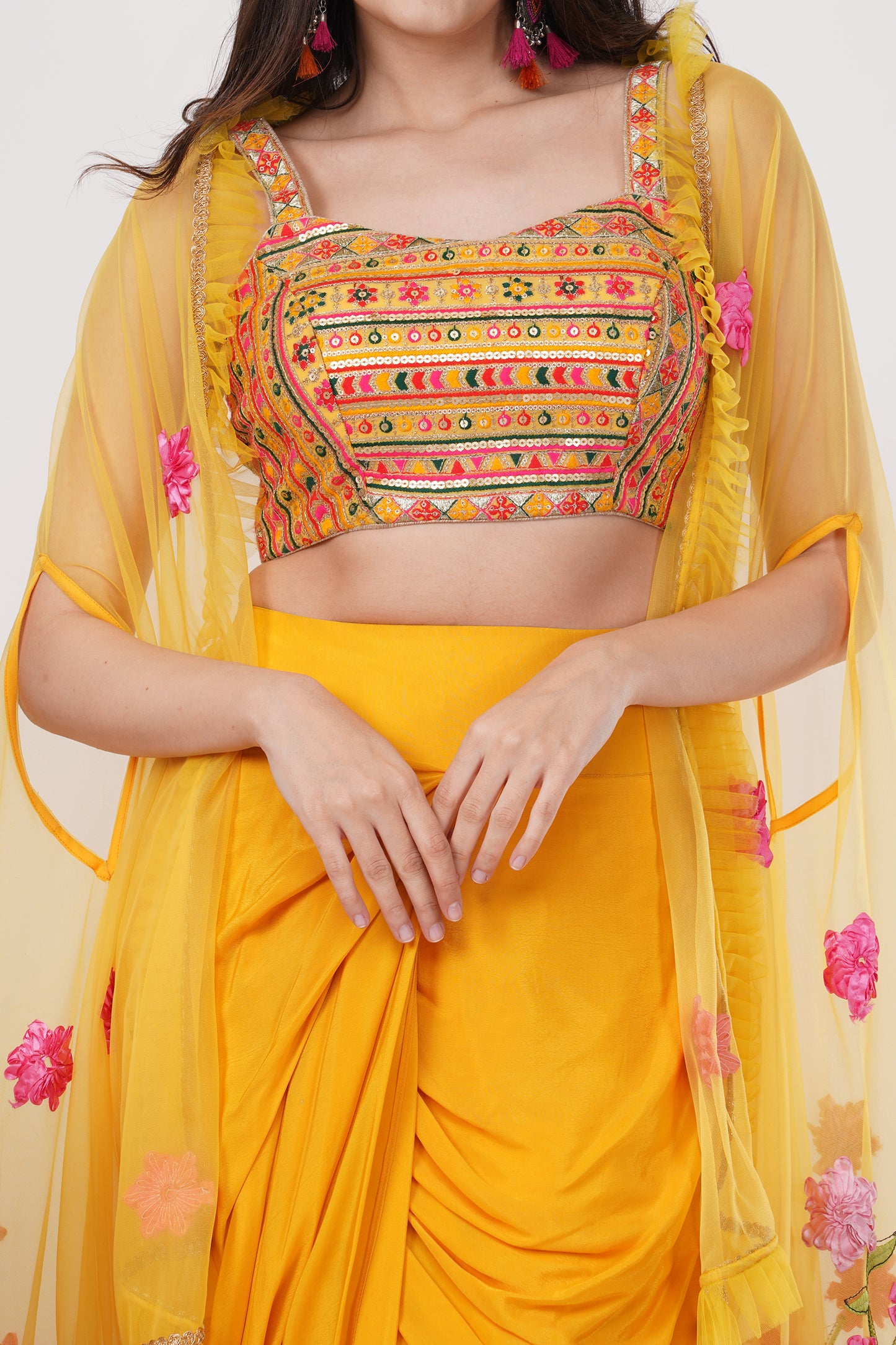 Yellow Floral Embroidered Shrug Set