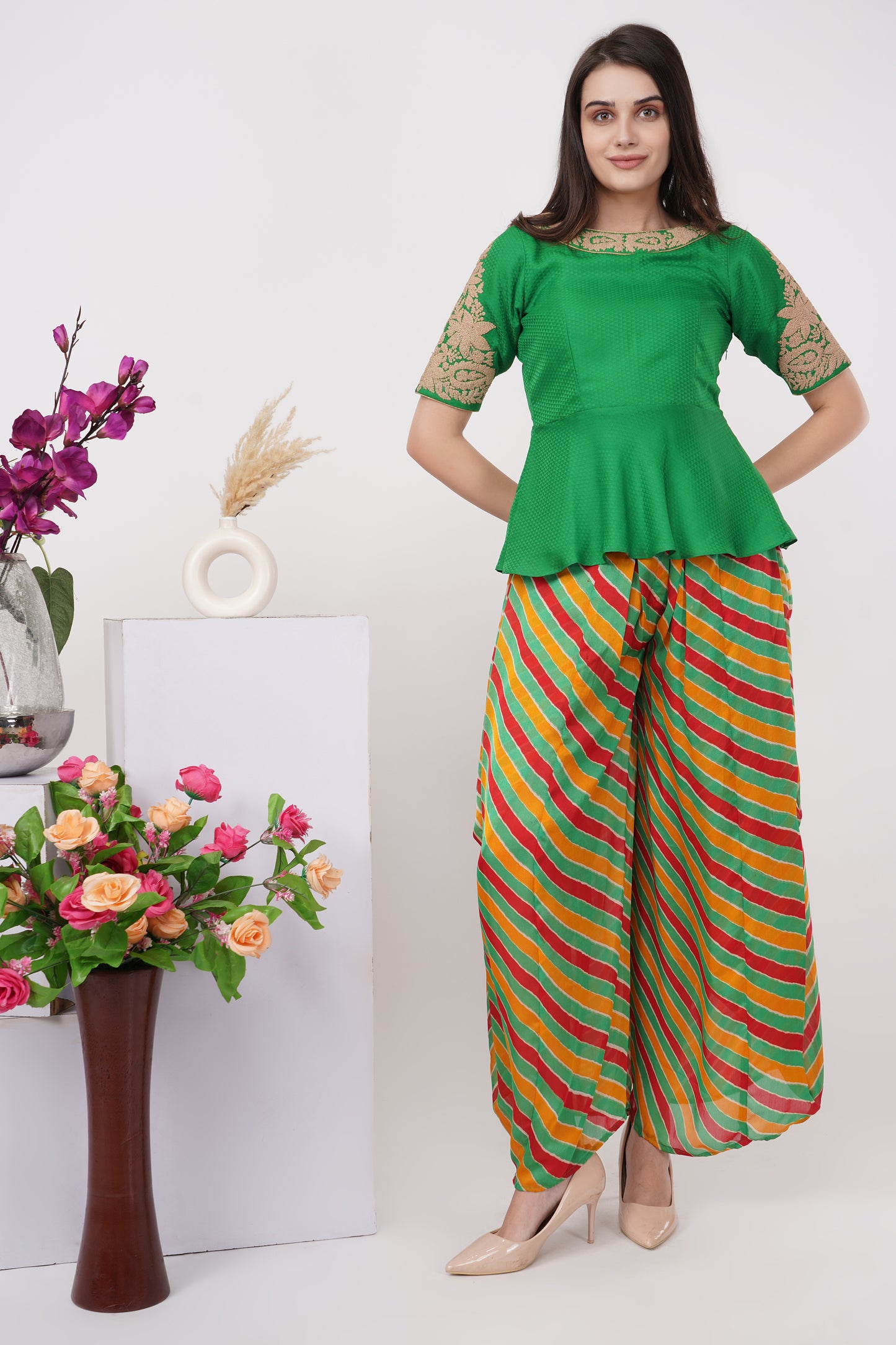Green Embroidered Top and Dhoti Set
