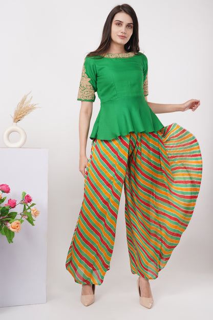 Green Embroidered Top and Dhoti Set