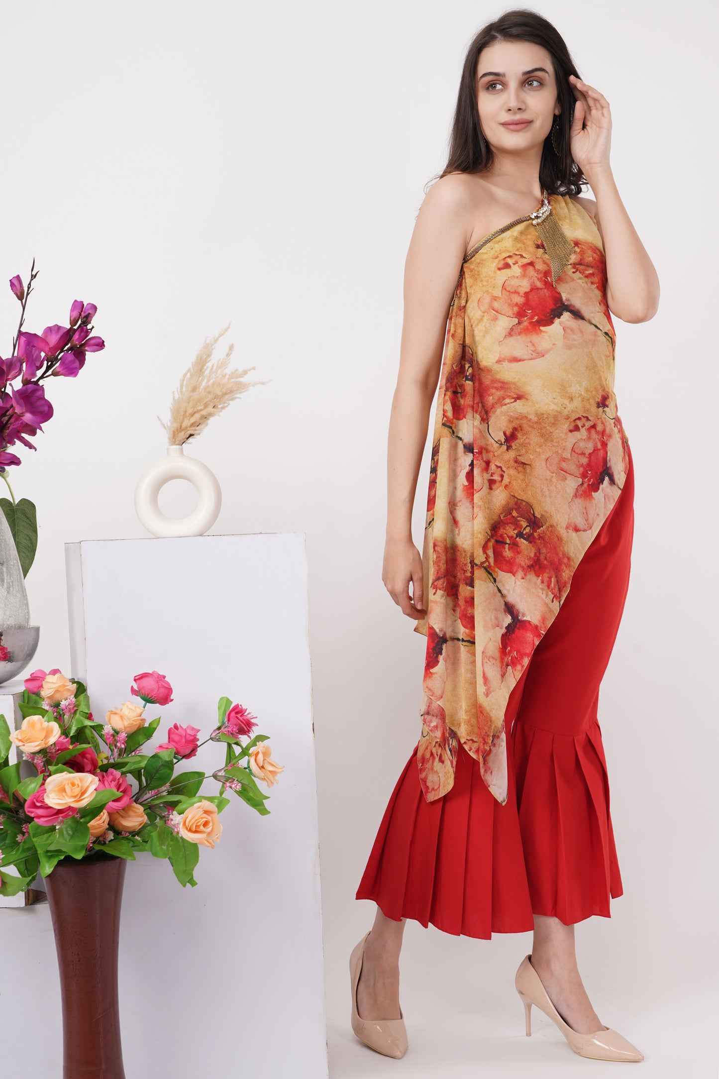 Yellow Red Floral One Shoulder Set