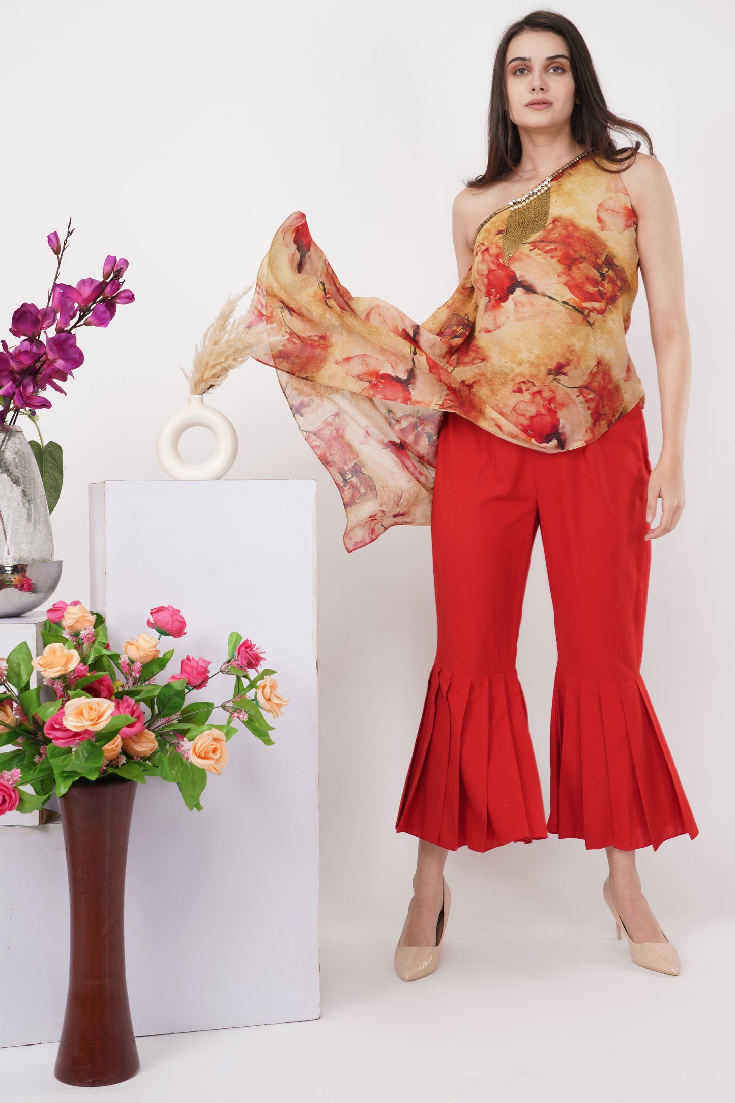 Yellow Red Floral One Shoulder Set