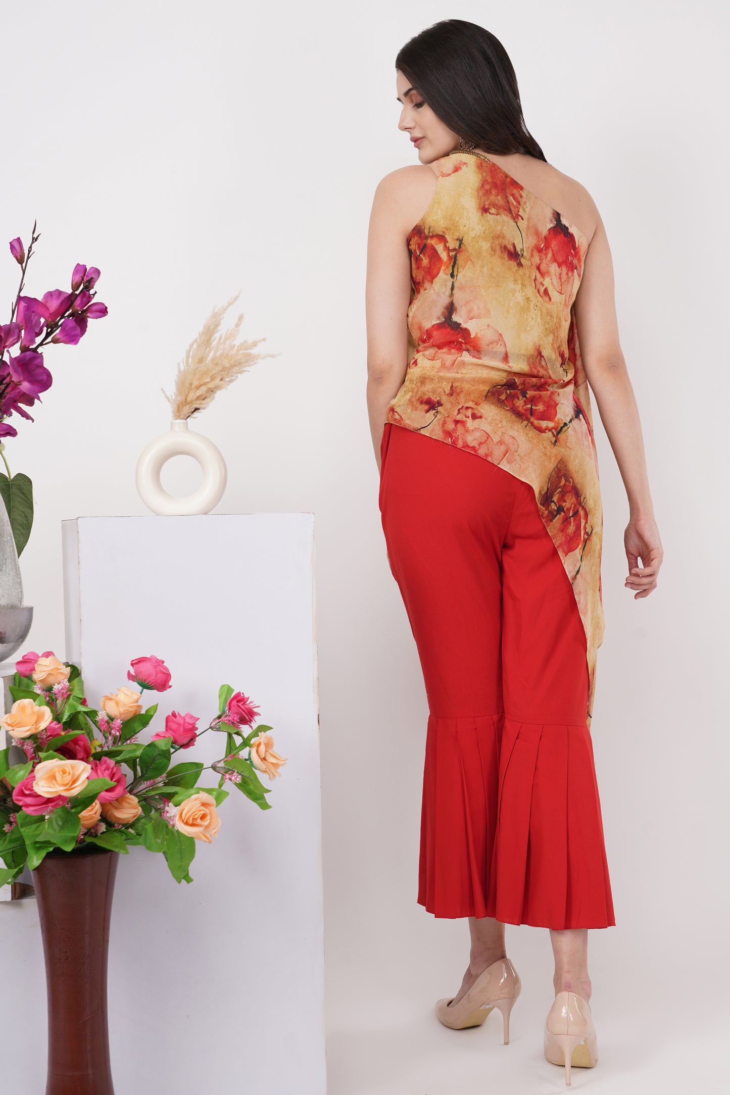 Yellow Red Floral One Shoulder Set