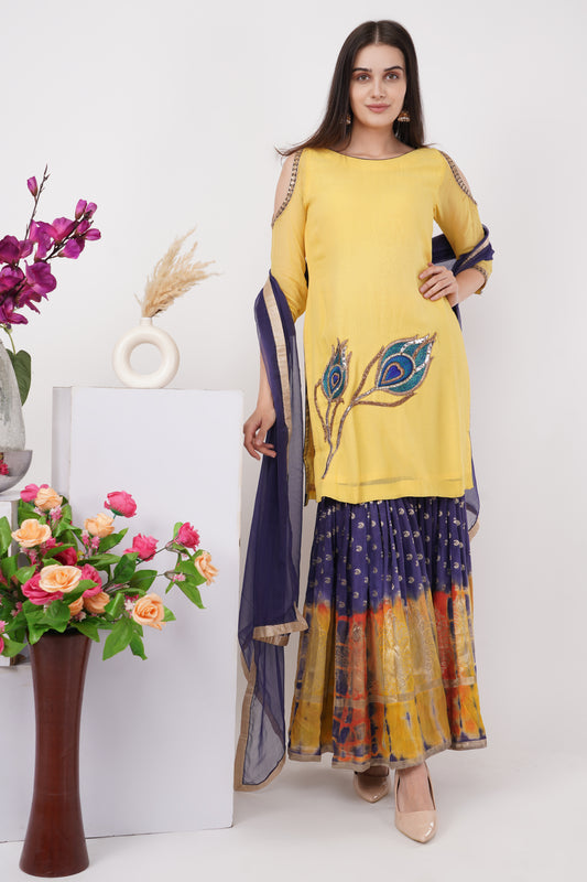 Yellow Peacock Embroidered Motif Kurta Set