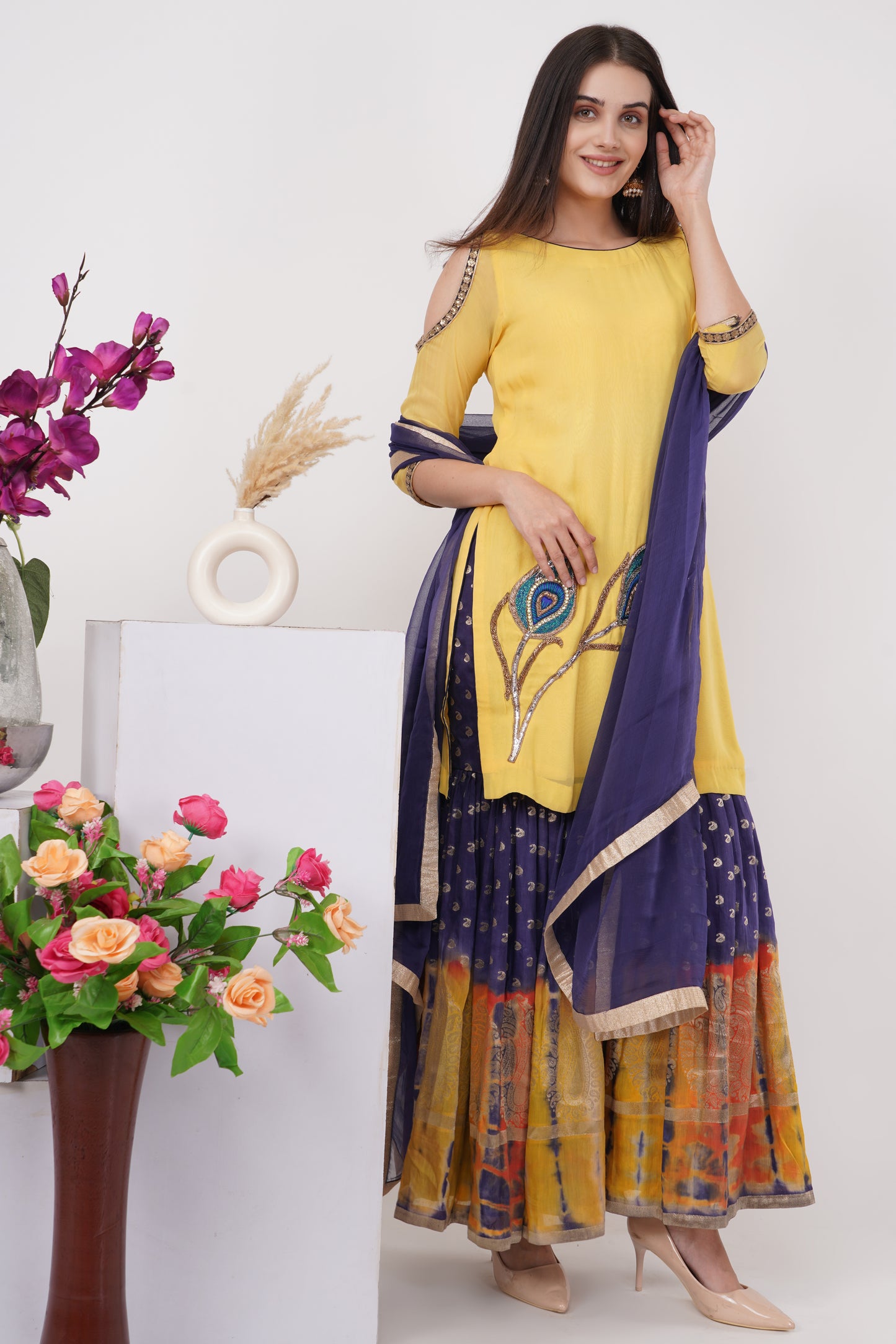 Yellow Peacock Embroidered Motif Kurta Set