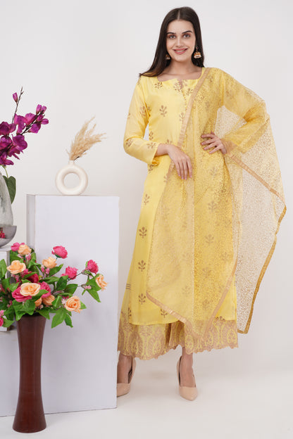Yellow Leaf Motif Kurta Set
