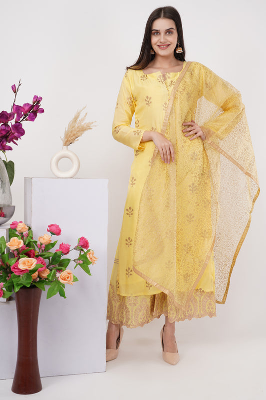 Yellow Leaf Motif Kurta Set