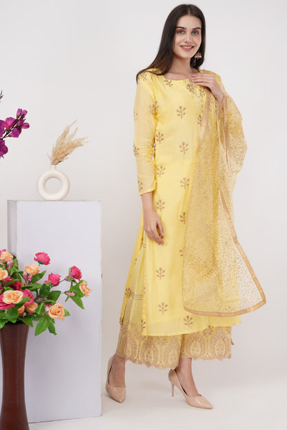 Yellow Leaf Motif Kurta Set