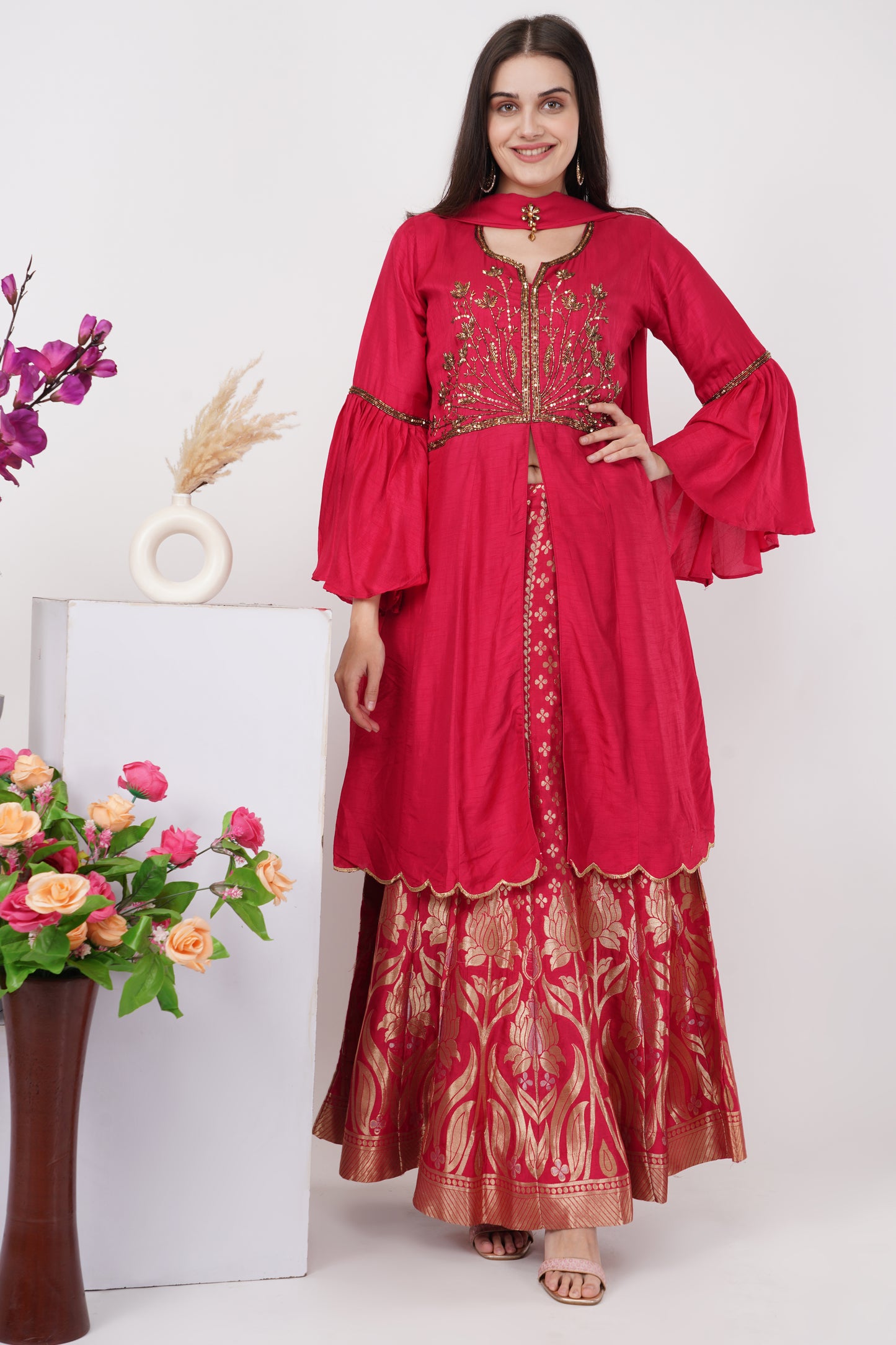 Red Kurta Set with Embroidery Detail