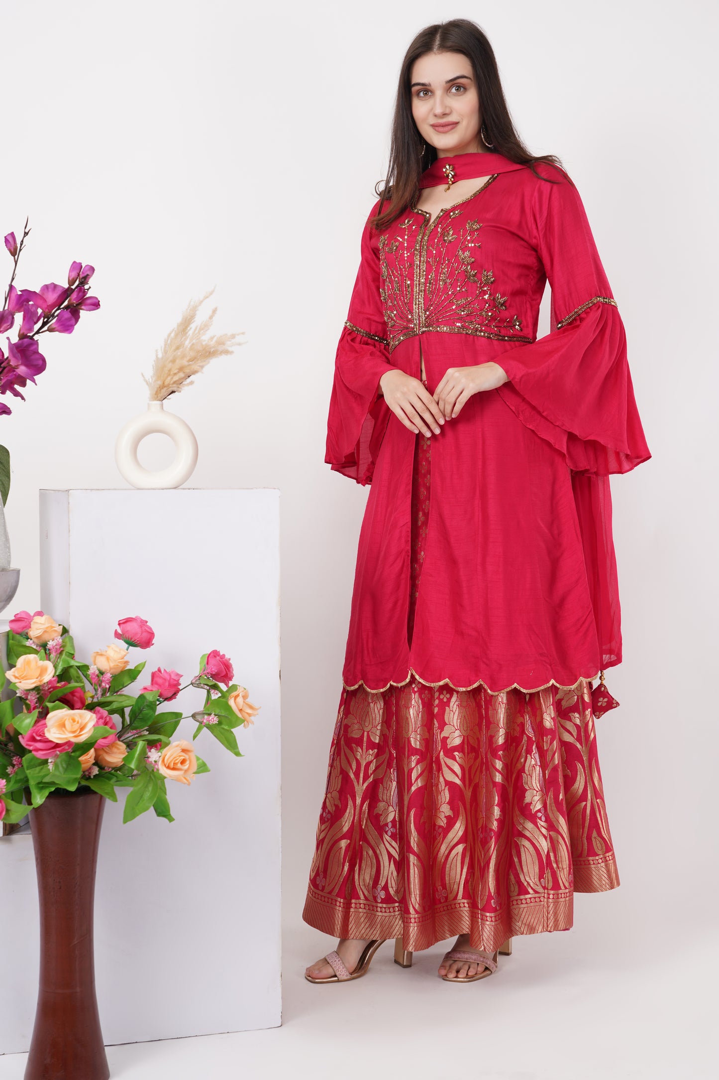 Red Kurta Set with Embroidery Detail