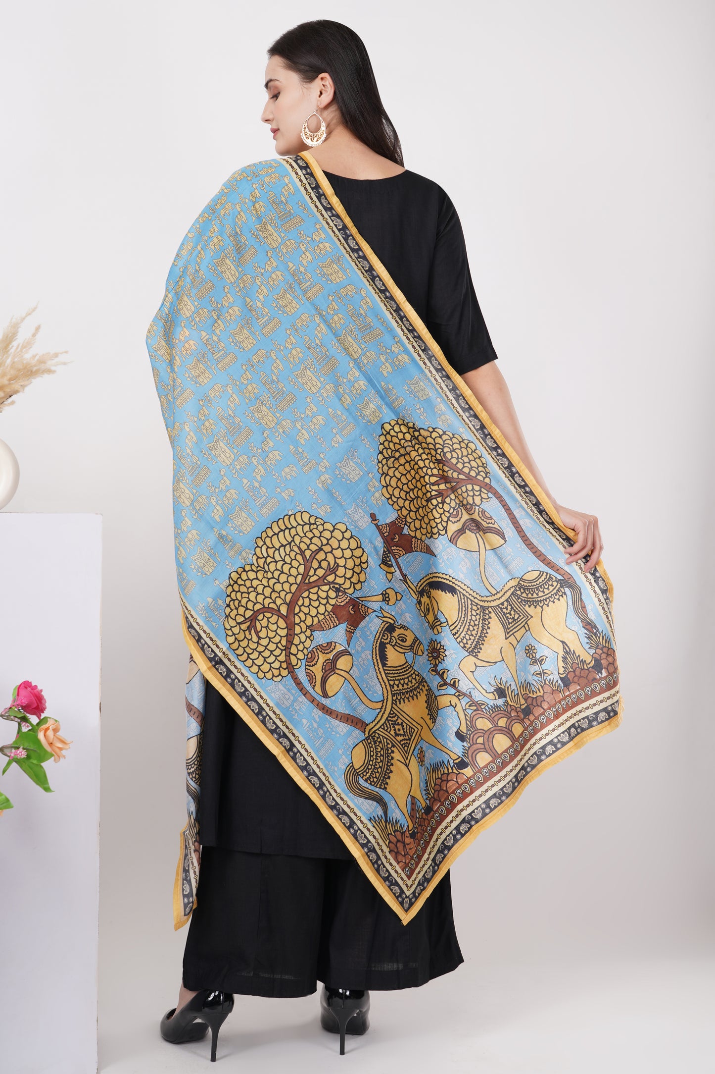 Solid Black and Printed Dupatta Kurta Set