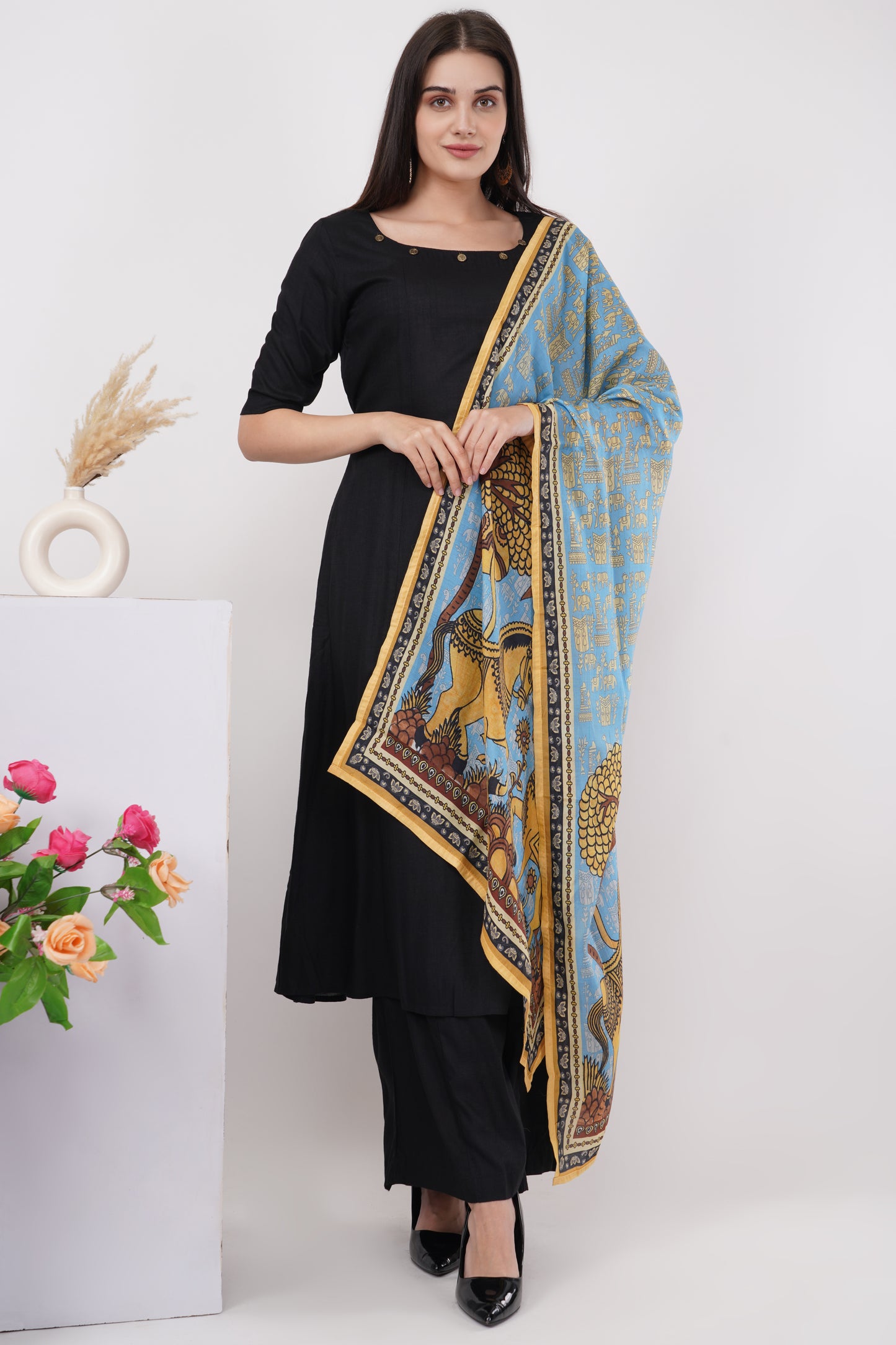 Solid Black and Printed Dupatta Kurta Set