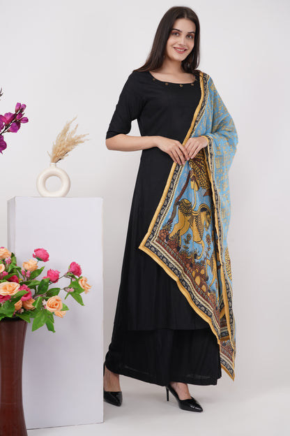 Solid Black and Printed Dupatta Kurta Set