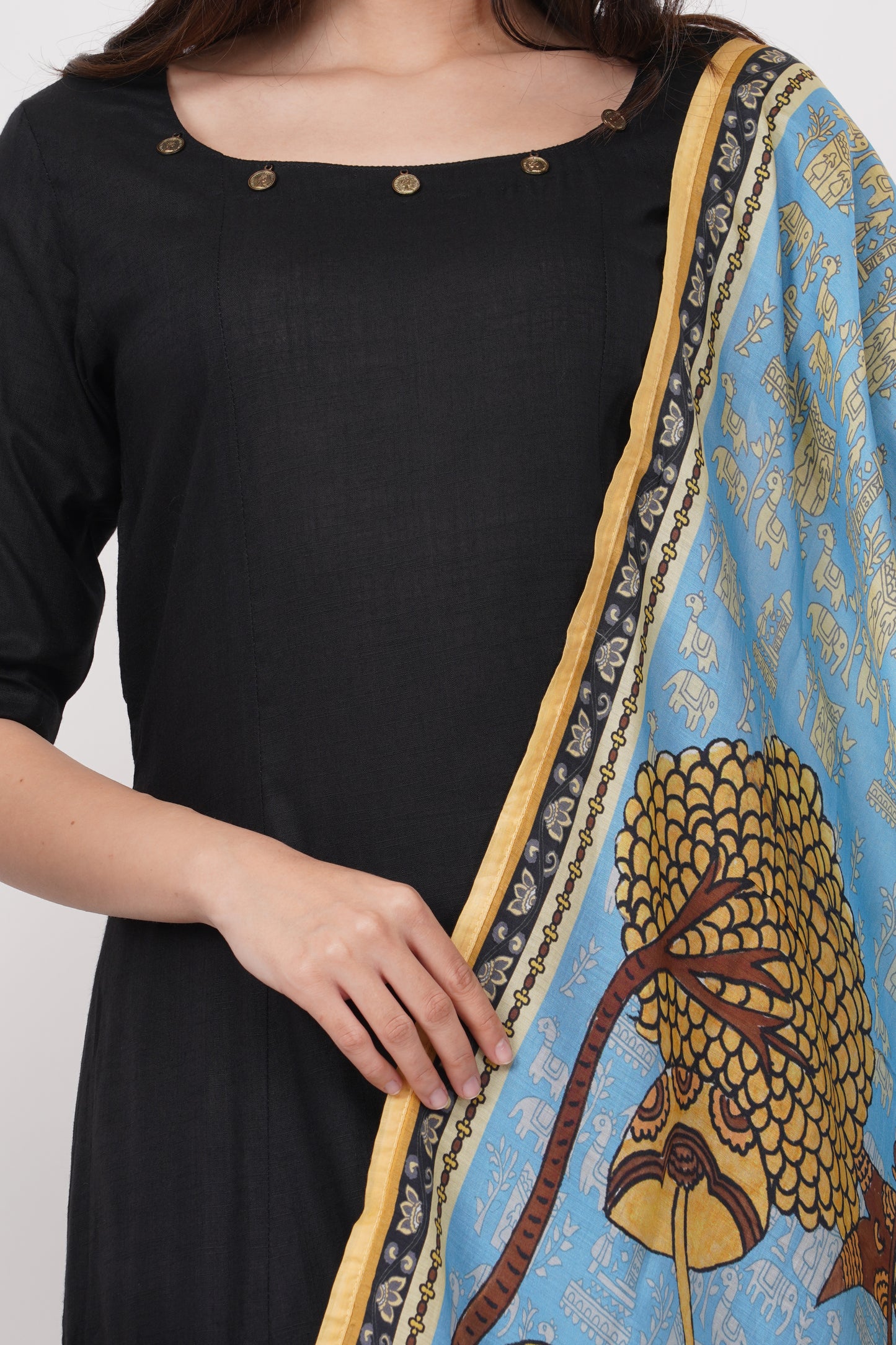 Solid Black and Printed Dupatta Kurta Set