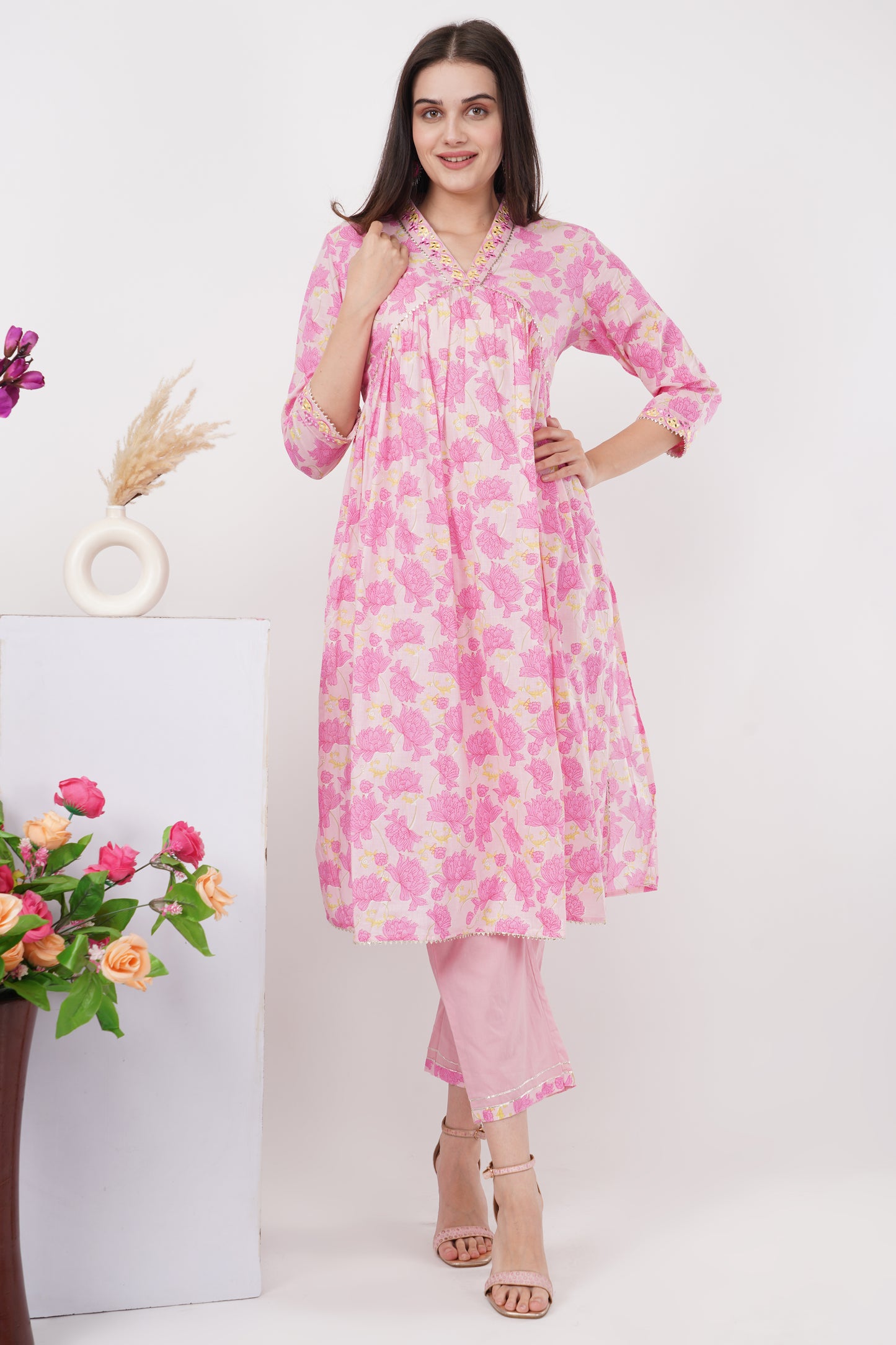 Pink Floral Kurta Set