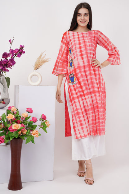 Coral Tie and Dye Owl Motif Kurta Set
