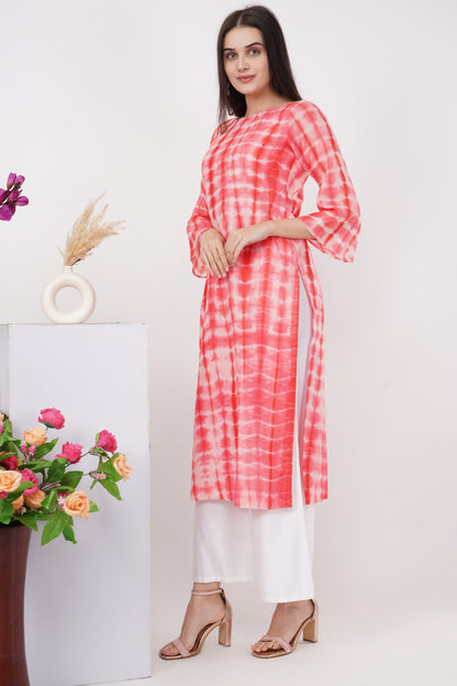 Coral Tie and Dye Owl Motif Kurta Set
